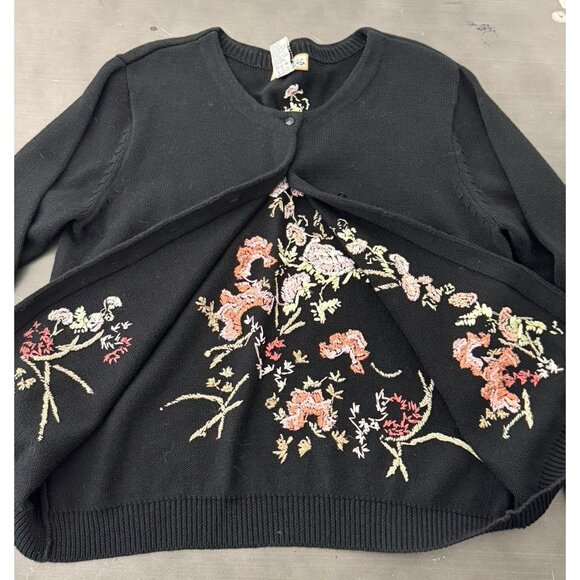 VTG Heirloom Black Cottagecore Knit Cardigan Floral Embroidered Cotton Ramie Top - Picture 6 of 10